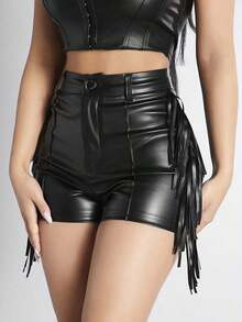 Shorts Ajustados De Patchwork Con Flecos De Pu - Negro - Ver 7