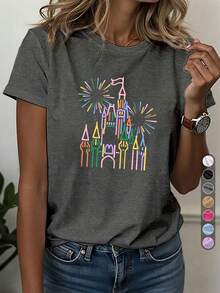 1 pieza de camiseta deportiva casual para mujer, camiseta de cuello redondo, AUX DES MOUBLES, estampado de castillo vintage, ropa casual artística, uso diario, estilo europeo para el Día de la Independencia, camiseta retro, estilo francés chic, top cómodo para todas las estaciones, 180g 100% algodón. - Negro - Ver 10