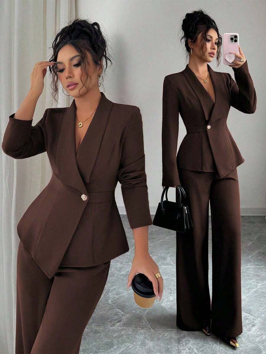 Conjunto de traje de mujer, tela de traje, cuello de solapa, manga larga, cintura ceñida con dobladillo asimétrico en línea A, decoración de botón de metal, sofisticado y elegante para la oficina, el transporte, el estilo callejero, el romanticismo francés, casual, vintage de Oriente Medio, té de la tarde, fiesta, Acción de Gracias, regreso a la escuela, primavera/otoño/invierno - Marrón Chocolate - Ver 1