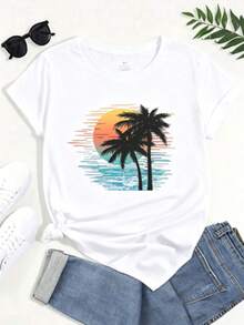 Harajuku T-Shirt For Women, Ullzang T-Shirt, Funny Beach T-Shirt, Cute Palm Tree T-Shirt, Casual Women's T-Shirt, Sunset Print T-Shirt For Girls, Summer Graphic Tees 2026 - 白色 - 查看 1