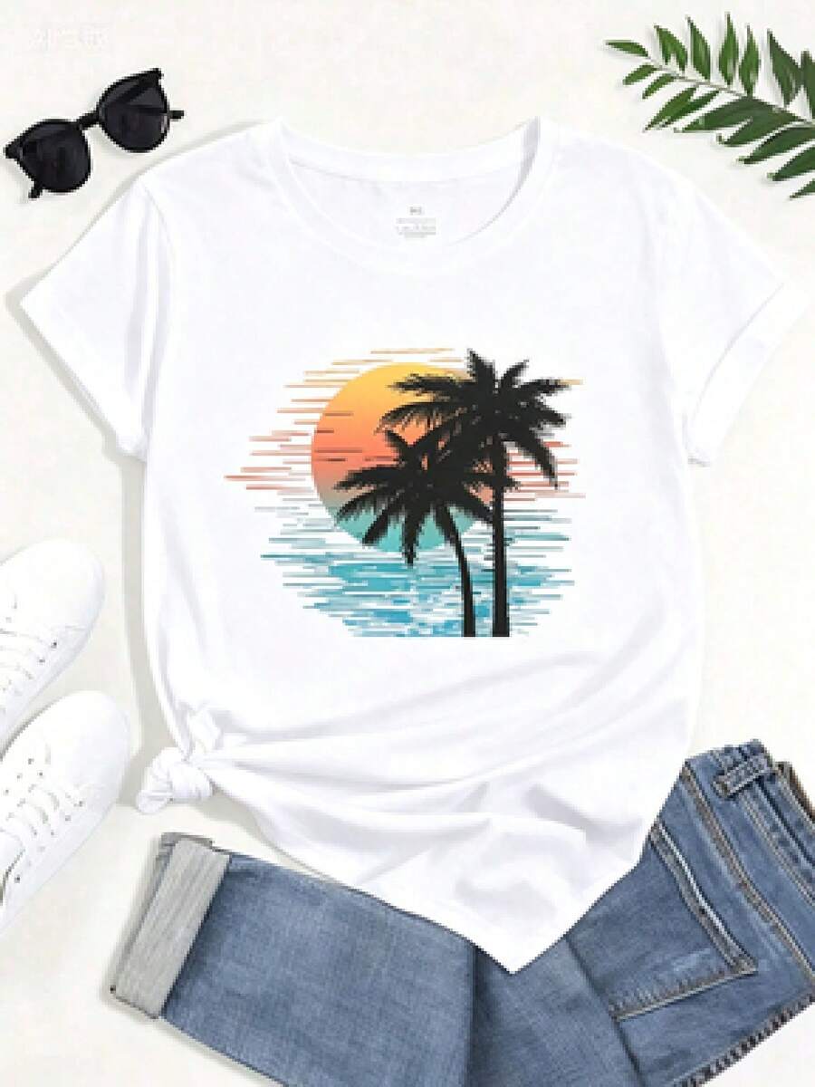 Harajuku T-Shirt For Women, Ullzang T-Shirt, Funny Beach T-Shirt, Cute Palm Tree T-Shirt, Casual Women's T-Shirt, Sunset Print T-Shirt For Girls, Summer Graphic Tees 2026 - 白色 - 查看 1