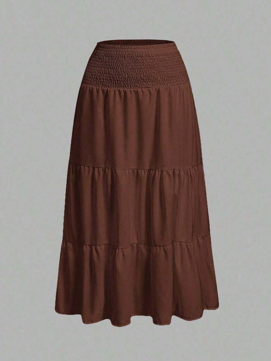 MOD Minimalist A-Line Skirt With Pleats And Drawstring In A Solid Color, For Casual Everyday Wear - Brown - View 1