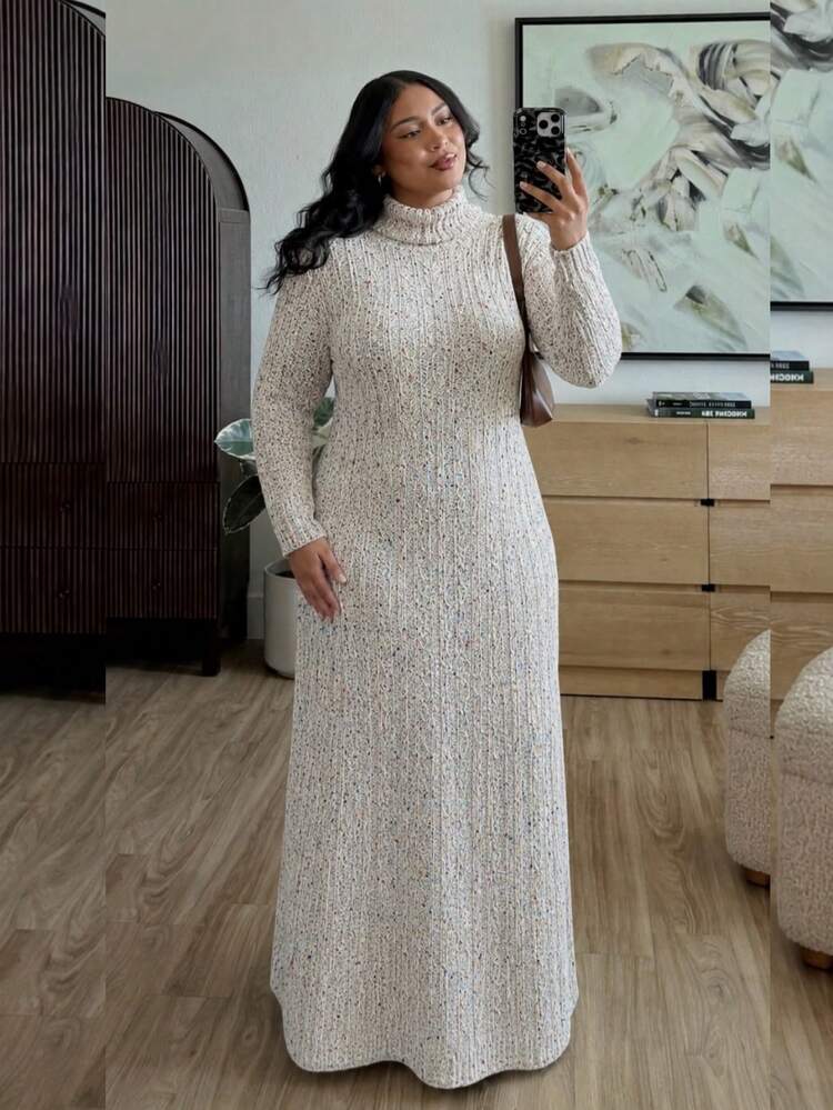 Women's Long Dress With Long Sleeves, High Neck, Knit Fabric, Winter, Plus Size, Maternity/Pregnancy - 彩色 - 查看 1