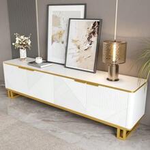 TV Stand With Four Doors, TV Mount, TV Panel, Low TV Stand. Unique Design, Geometric Texture. 160 X 37.5 X 48 Cm (Length X Width X Height) - 白色 - 查看 5