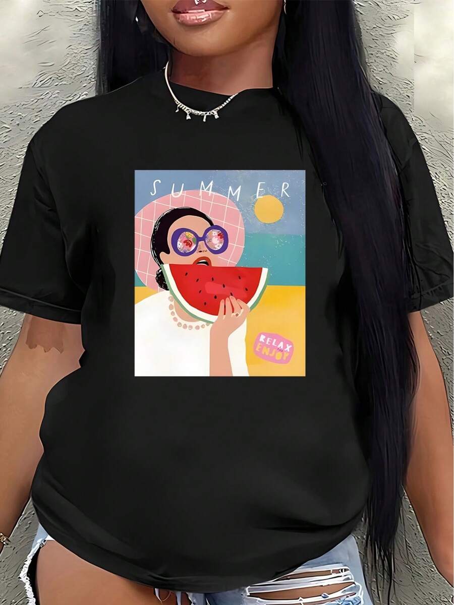 Lightweight And Breathable Short-Sleeved T-Shirt With A Summery Watermelon Design, Perfect For Beach Leisure Or Outdoor Gatherings. The White Version Is Comfortable And Fitted, Making It The Ideal Choice For Everyday Wear. - 黑色 - 查看 1