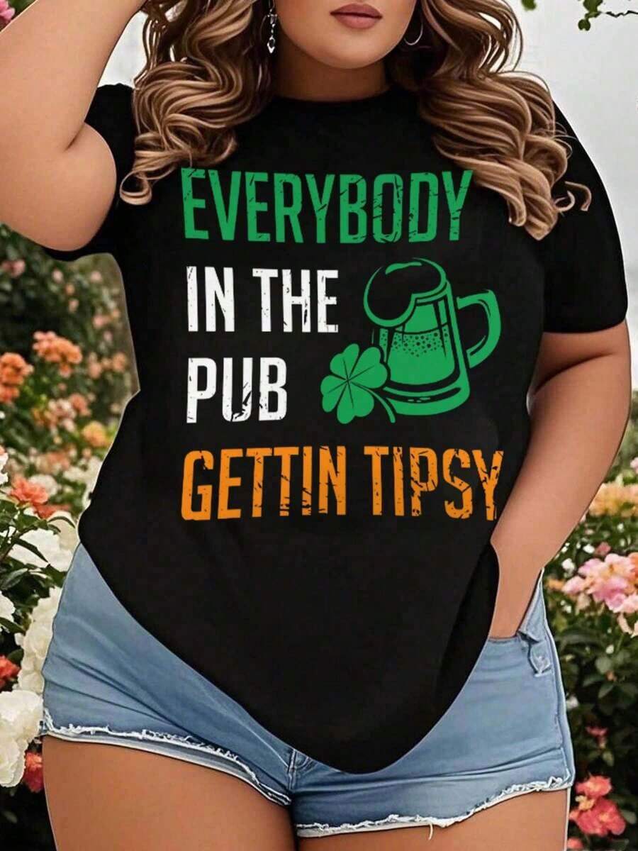 Camiseta Gráfica Divertida para Mujer, Talla Grande, con Diseño de Cerveza Verde y Trébol, para Celebración del Día de San Patricio, Estilo Casual - Negro - Ver 1
