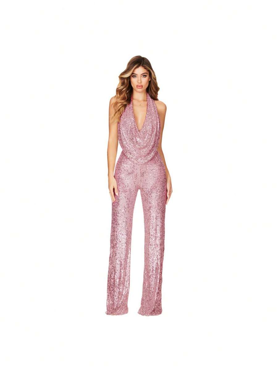 Monochromatic Gold Sequined Dress, Deep V-Neck Halter Neckline, Sleeveless Wide-Leg Design, Stretchy Shimmering Fabric Ideal For Evening Parties, Festive Events And Winter, Glamorous Sexy Style Perfect For Elegant Dinners And Celebrations - 粉紅金色 - 查看 1