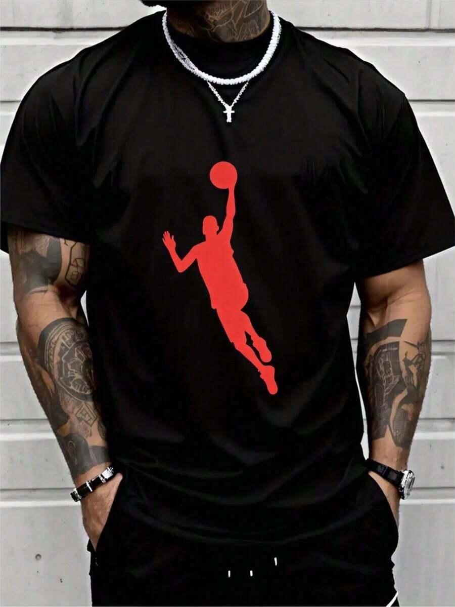  Camiseta de Manga Corta Holgada Casual Versátil con Estampado de Baloncesto Divertido, Ideal para Vacaciones, Trabajo y Uso Diario100% Cotton - Negro 12 - Ver 1