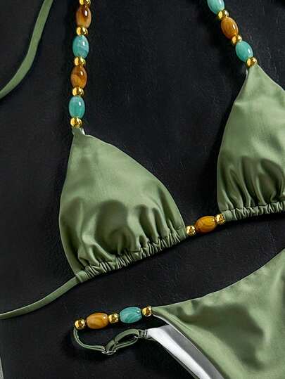 Bikinx Women's Summer Halter Colorful Beaded High-Slit Bikini Set, Casual Elegant High-Stretch Swimwear