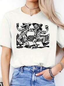 Camiseta Deportiva de Manga Corta con Cuello Redondo y Estampado de Letras para Mujer, Ropa Casual de Primavera/Verano - Blanco - Ver 6