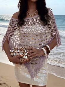 Summer Beach Cover-Up, Casual Holiday Solid Color Sequin Loose Hollow Shoulder Tassel Top, Suitable For Beach Party, Music Festival - Mauve Purple - View 5