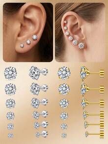 CIZME 20G 不鏽鋼平底耳釘，適合女性與男性，附 3mm、4mm、5mm、6mm、7mm、8mm 立方氧化鋯螺絲背耳釘套組，適合耳部佩戴 - 平底 - 查看 3