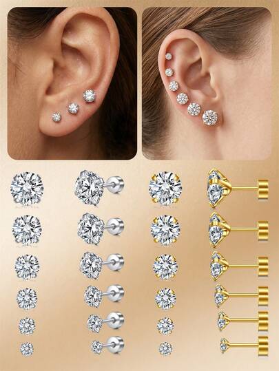 CIZME Khuyên tai đế phẳng cho nam và nữ, khuyên tai đinh tán bằng thép không gỉ 20G với đế phẳng, bộ khuyên tai sụn có ren vặn với đá CZ 3mm 4mm 5mm 6mm 7mm 8mm cho khuyên tai đinh tán.