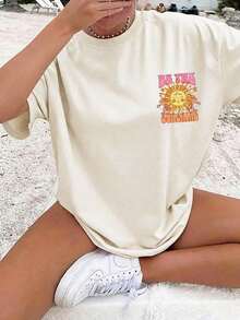 Camiseta de manga corta talla grande Boho Be The Sunshine con estampado gráfico, cuello redondo, longitud regular, alta elasticidad, estilo casual-vintage urbano, unisex, holgada, de al - Albaricoque - Ver 2