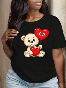 Camiseta de Cuello Redondo Estampada para Mujer, Oso de Peluche Sosteniendo un Globo con Corazón, Ropa para Fiestas y Festivales de Amor - Estilo Vintage Urbano, Unisex, de Algodón, Manga Corta, Cuello Redondo, Blusas para Mujer. blusas.blusas casuales para dama.Impresión de osos cariñosos.Camiseta estampada Impresión de osos cariñosos. - Negro - Ver 4