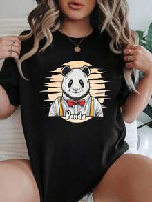 Camiseta de mujer con estampado de panda, opciones de color y blanco, top casual de verano, diseño de animal lindo, estilo de tirantes con lazo rojo, apariencia vintage de dibujos animados, mezcla de algodón cómoda, tela suave, ropa de uso diario, atuendo de vacaciones, apariencia de playa, moda de streetwear, camisetas gráficas de moda para mujeres, atuendos de verano para mujeres, camisetas gráficas, tops cortos para mujeres, tops para mujeres, ropa vintage de algodón, ropa linda para mujeres, atuendo de Navidad para mujeres, vestidos elegantes de mujerSuitable for spring, summer and autumn - Negro - Ver 1