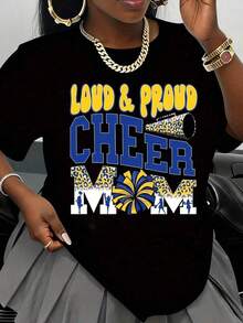 Camiseta de talla grande "Loud And Proud Cheer Mom" con estampado de leopardo en negro, amarillo y azul, con siluetas de animadoras y pompones para eventos de animación y días de juego. - Negro - Ver 6