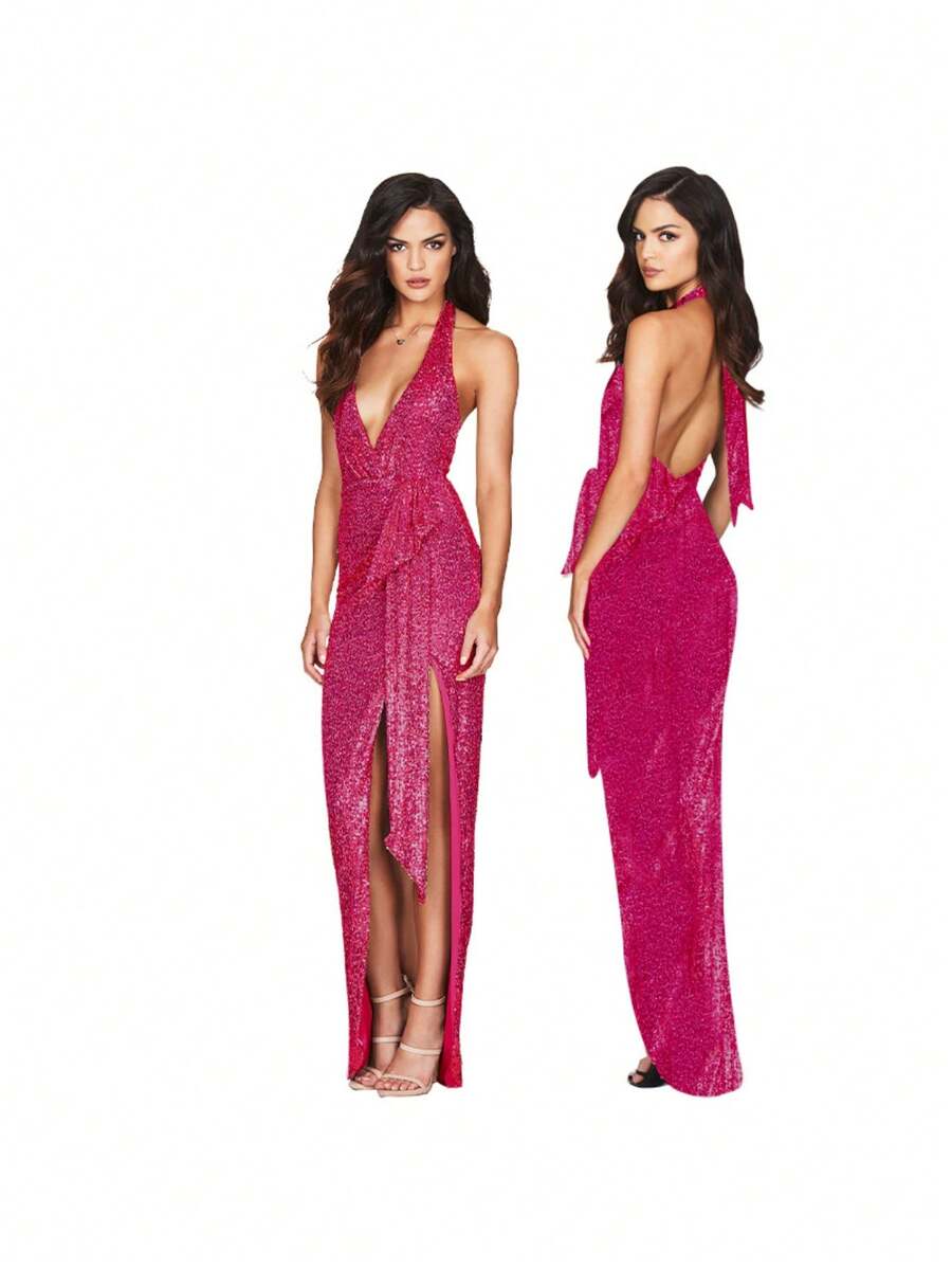Emerald Green Sequined Women's Dress, Deep V-Neck Halter Neckline, High Side Slit, Elegant Maxi Design Ideal For Evening Parties, Graduations And Formal Winter Events, Glamorous Style Perfect For Celebrations And Elegant Dinners - 玫紅色 - 查看 1