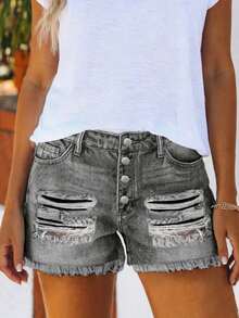 Women's Casual Denim Shorts, With Button Split And Pockets, Straight Leg Distressed Design - Light Grey - View 3