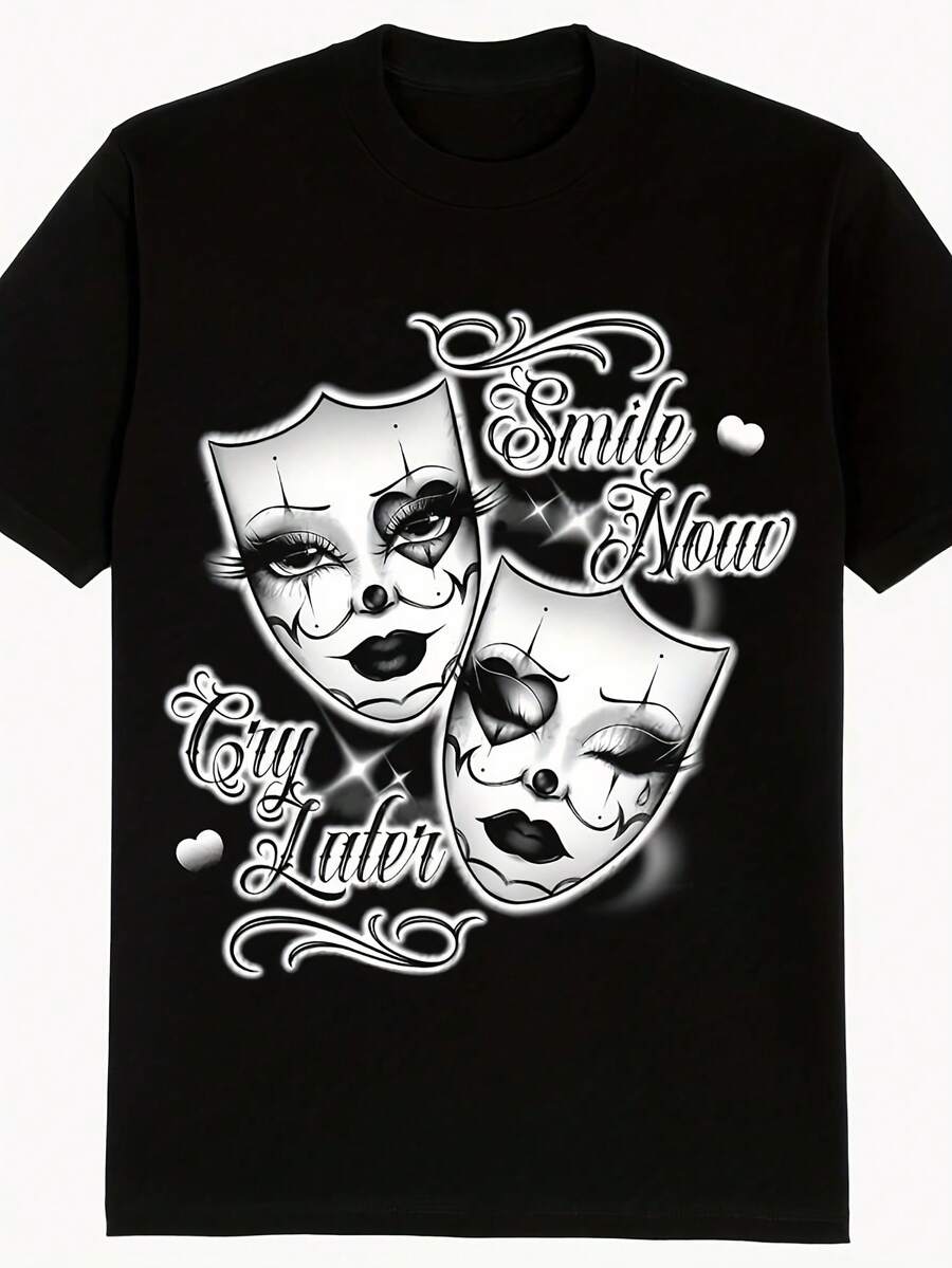 Camiseta de mujer con estampado de moda, cómoda camiseta casual de manga corta, tela confortable adecuada para todas las estaciones, lavable a máquina, ideal como regalo económico para diversas ocasiones, camiseta unisex de estilo deportivo casual y moderno con cuello redondo, adecuada para salidas diarias informales, top de verano de manga corta, camiseta retro con estampado Y2K. - Negro - Ver 1