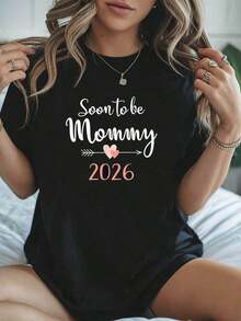 1 Piece Maternity T-Shirt For Expectant Mothers 2026 - Pregnancy Prediction Top For Due Date 2026, Casual Short Sleeve Round Neck Blouse, Pregnancy Announcement Gift For Expectant Mothers Spring Summer 180g 100% Cotton - 黑色 - 查看 6