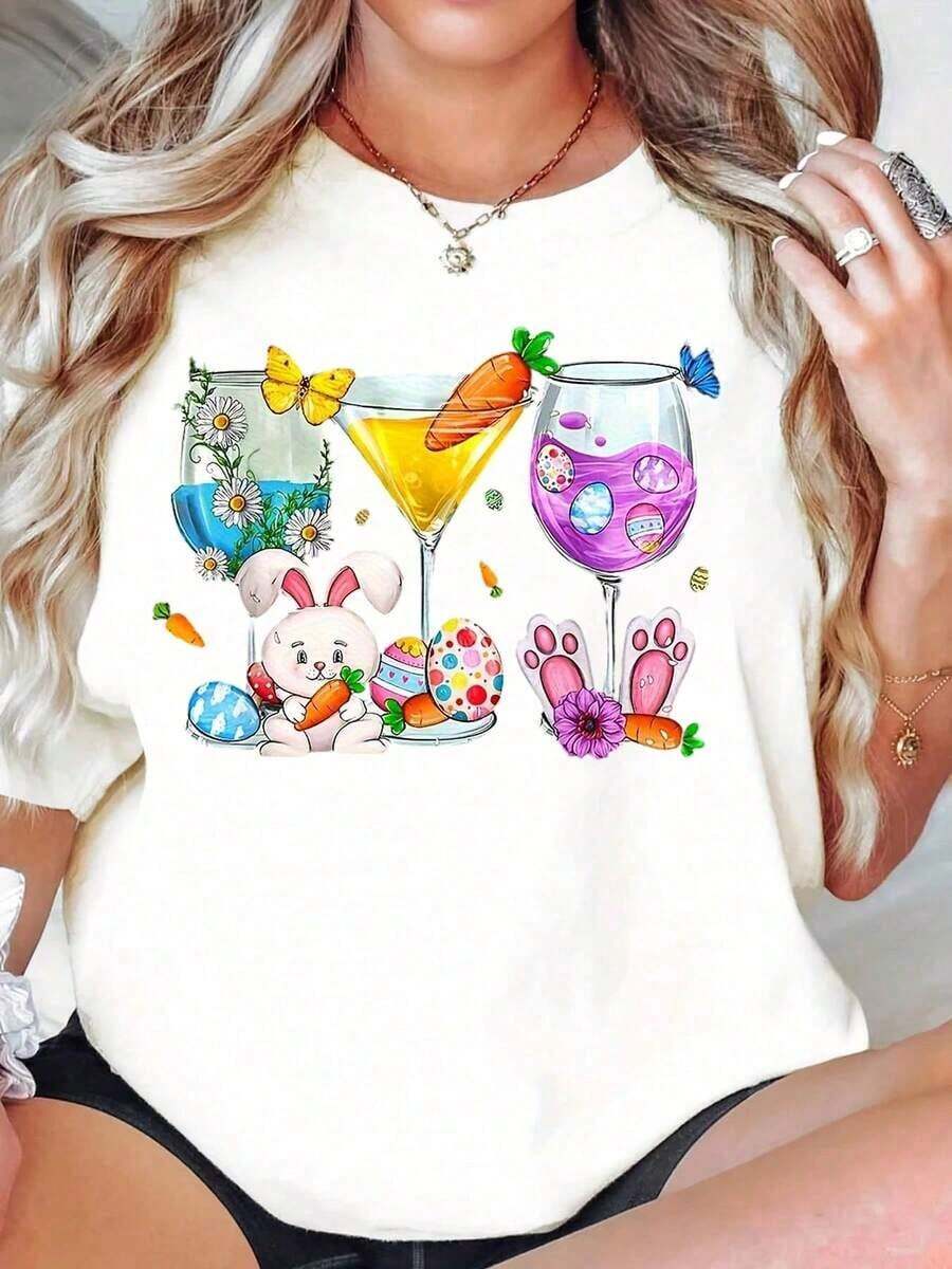Women's T-Shirt With Easter Bunny Cocktail Glass Design, Black T-Shirt For Women, Spring Party Clothes, Decorated With Easter Eggs And Carrots, Fashion Top - 白色 - 查看 1