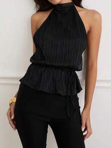 Women's Halter Neck Tank Top Sleeveless Open Back Ruched Cami Top Y2K Ruffle Hem Peplum Shirts With Tie Waist - Black - View 3