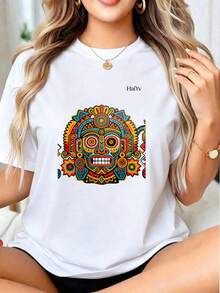 Limited Time Offer, Limited Quantity Available, Flash , Women's Shirts, Women's T-Shirts. Women's Comfortable Loose White T-Shirt, Short Sleeve Round Neck, Mexican  Print, Casual T-Shirt For Everyday Wear And Going Out - 白色 - 查看 2