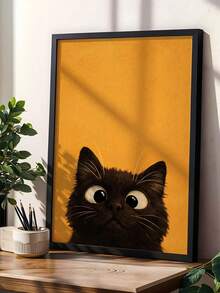 1pc Frameless Black Cat Wall Art Print, Cute Surprised Black Cat On Mustard Yellow Background, Minimalist Pet Decor, Unframed - A - View 10