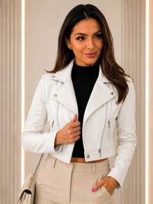 Women's Leather Jacket With Zipper, Elegant Winter Style, Immediate Shipping, Autumn And Winter - trắng - Xem 1