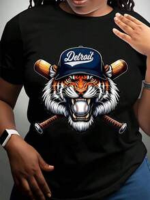 Detroit Tigers Women's Cotton T-Shirts, With Baseball Tiger Head And Crossed Bats, Men's And Women's T-Shirt, Sports Fan Clothing, Gift For Baseball Lovers, Summer Casual Wear, Women's Basic Blouses. - 黑色 - 查看 2