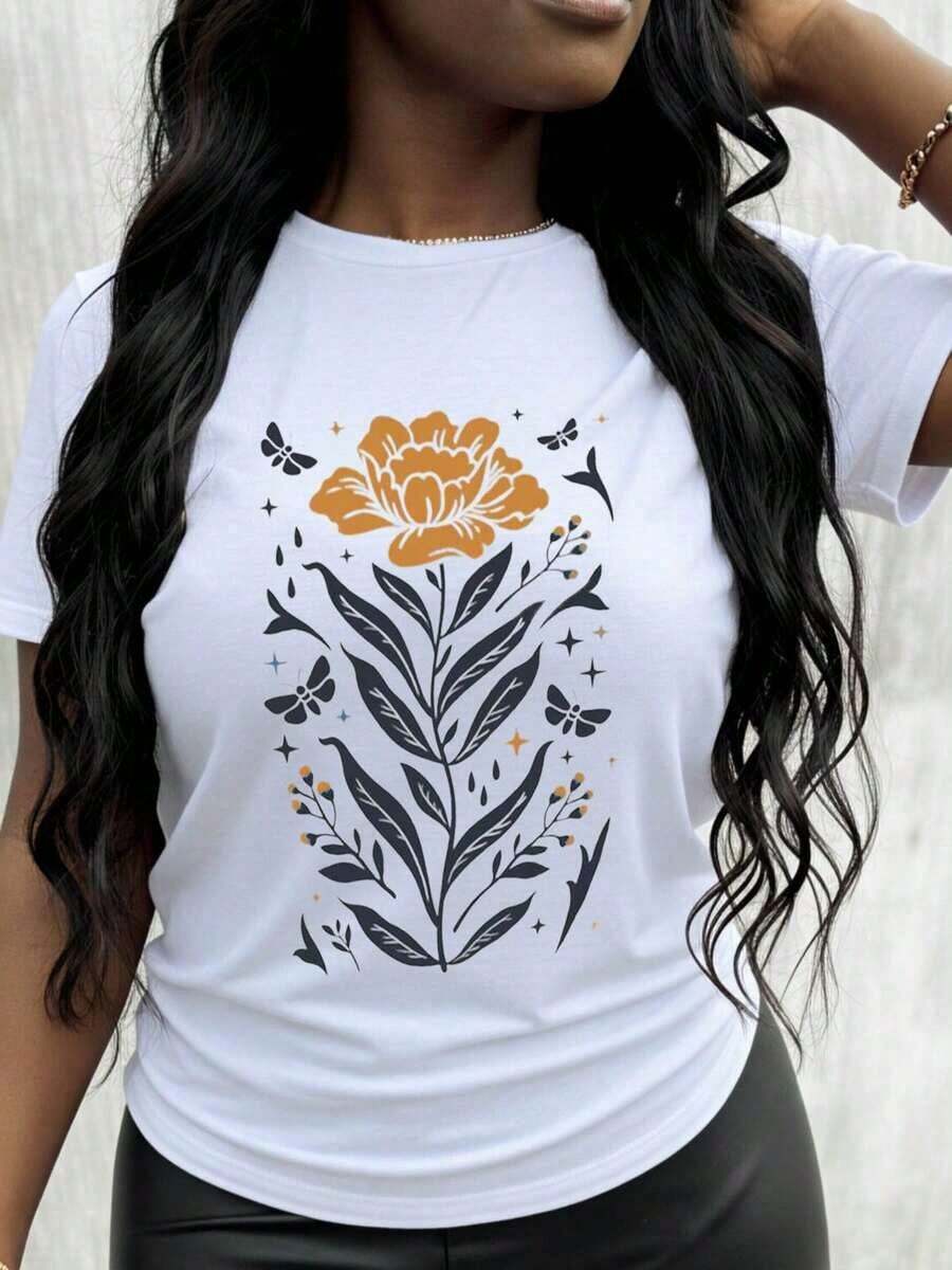 Women's Cotton T-Shirts With Floral Design, Orange Flower And Butterfly Print T-Shirt For Women, Casual Summer Clothing, Gift For Mother's Day Or Birthday, Basic Blouses For Women. - 白色 - 查看 1