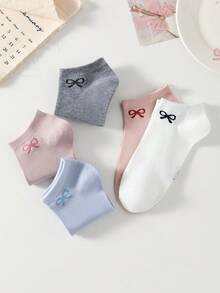 5雙女款多色蝴蝶結圖案短襪，休閒時尚低筒船襪，適合四季穿著 - 彩色 - 查看 4