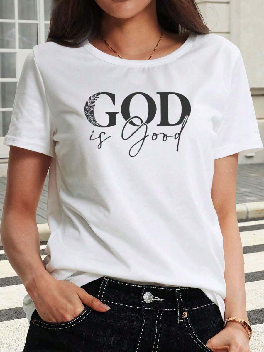 Modern Minimalist Women's T-Shirt With 'In Multiple-God' Print - Spring Summer Autumn - Suitable For Religious Services, Church Activities, Missionary Meetings, Evangelical Summer Camps, Crucifixion Of Jesus, Easter, Pentecost, US Procession, Everyday Casual Wear - 白色 - 查看 1