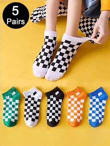1 par/5 pares/10 pares de nuevos calcetines de tobillo con patrón de tablero de ajedrez de colores, calcetines invisibles juveniles y enérgicos - Multicolor - Ver 9