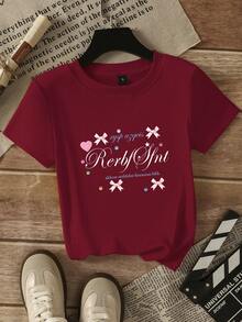 Bow Heart Letter Print Fun T-Shirt For Women, Burgundy Hot Girl Slim Fit Regular Shoulder Short Sleeve, Summer Top Casual - View 7