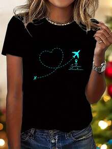 1 Piece Of Women's Short-Sleeved Crew Neck T-Shirt, Y2K Style, Summer Fashion, Casual And Comfortable, With Airplane And Heart Print, White With Red Details, Ideal For The Beach In Summer And Spring, Machine Washable, Airplane-Themed T-Shirt, Comfortable For Daily Wear, Short-Sleeved T-Shirt With Opaque Fabric Print, Birthday Gift. - 黑色 - 查看 6