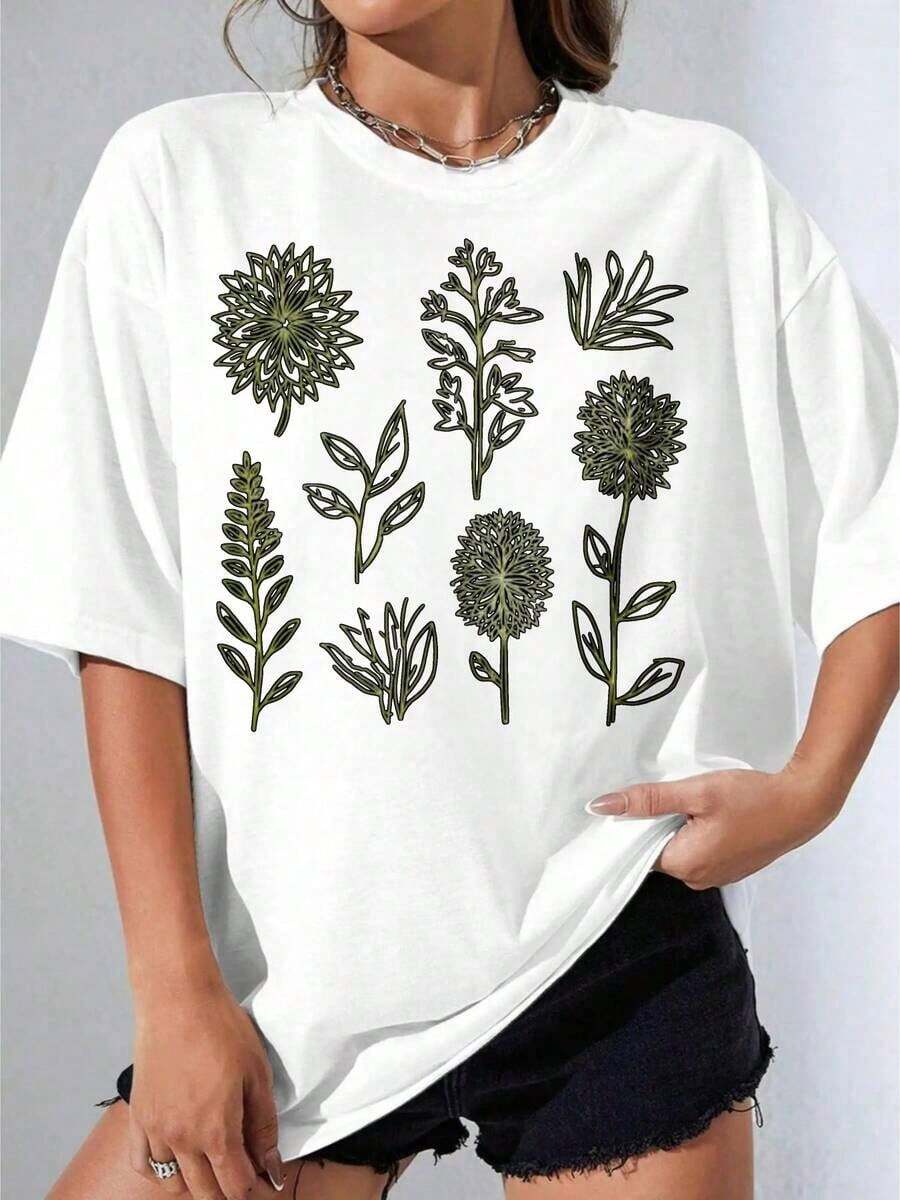 Women's Blouses, White T-Shirt For Girls, Oversized White T-Shirt With Botanical Flower Print, Casual Summer Clothing, For Outdoor Parties, Casual Printed T-Shirt, Suitable For Spring, Summer And Autumn. - 白色 - 查看 1