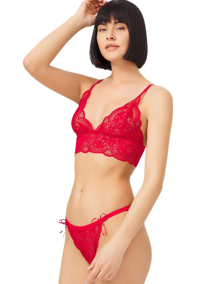 Lace Transparent Wireless Women's Bra Set, Top And Bottom - Red - View 1
