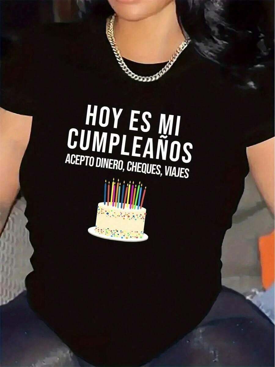 Polyester T-Shirt For Birthday Celebrations In Restaurants, Durable And Lightweight Fabric, Festive Design With Cake Print, Ideal For Parties And Gatherings, Comfortable Fit For All-Day Wear. - Black - View 1