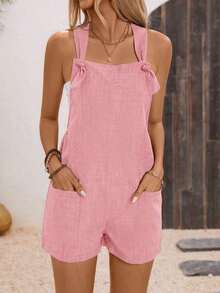 Linen Blend Women's Solid Color Dual Pocket Twist Knot Romper - Albaricoque 3 - Ver 9