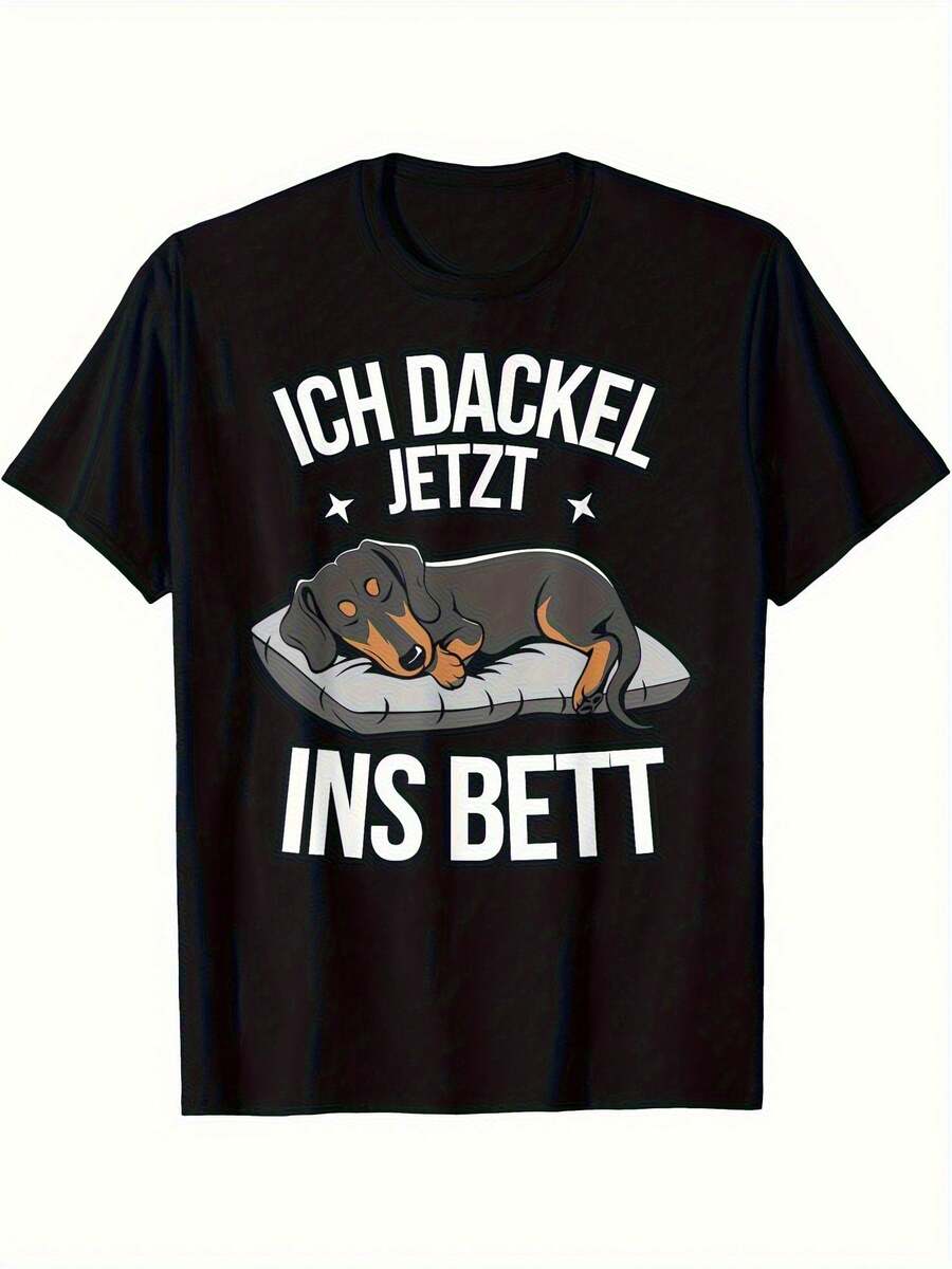Camiseta de Hombre con Gráfico Divertido de Dachshund - Frase Alemana "Ich Dackel Ins Bestt", Perro Durmiendo, con Estampado Blanco, Tejido Suave y Transpirable, Manga Corta, Cuello Redondo, Diseño Humorístico para Uso Casual - Negro - Ver 1