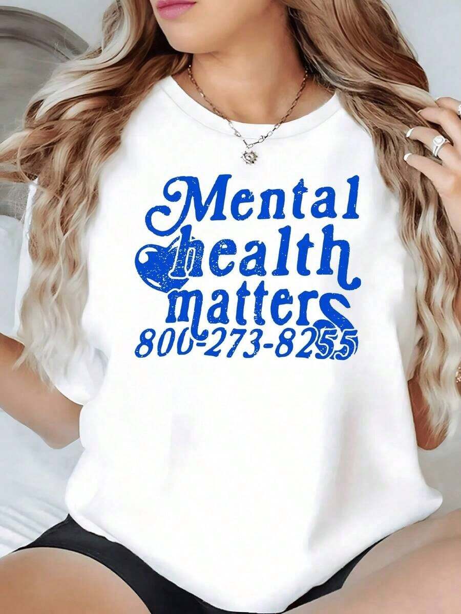 100% Cotton. Positive Phrase Promoting The Importance Of Mental Health Care And Displaying A Helpline Number In Blue. Women's T-Shirt, 100% Cotton, 220g. Women's Simple Solid Color T-Shirt, Loose And Slim Fit Casual Short Sleeve - 白色的 - 查看 1