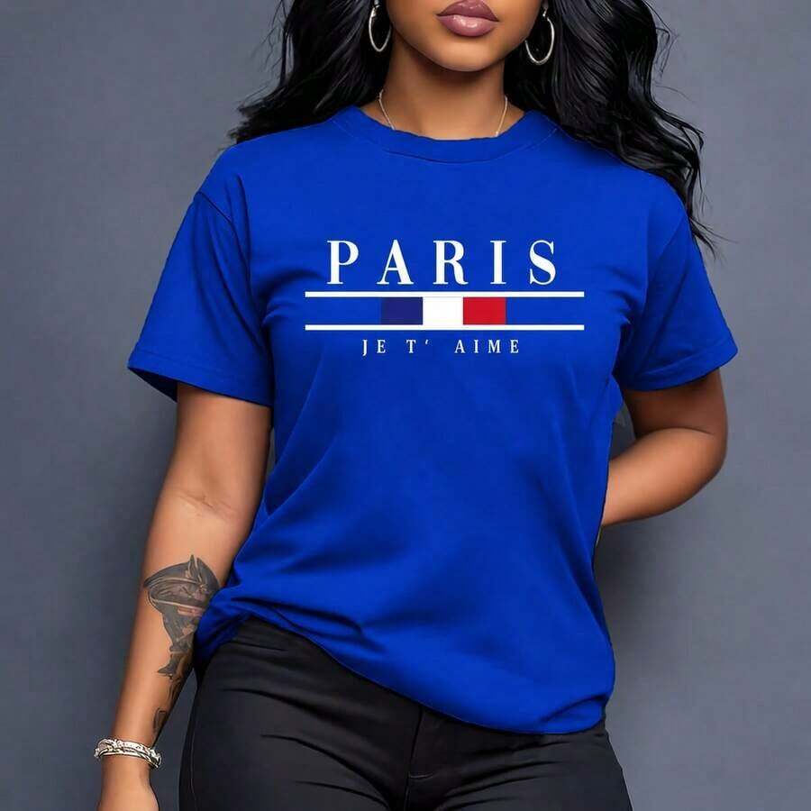 Women's Short-Sleeved T-Shirt With 'PARIS JE T'AIME' Flag Print, Round Neck, Machine Washable, Comfortable, Soft And Breathable, Suitable For Spring, Summer And Autumn. Loose, Casual, Elegant For Everyday Wear, Soft. - 藍色 - 查看 1