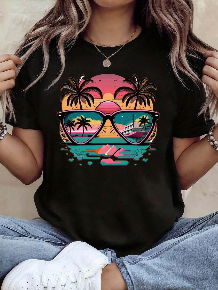 Camiseta retro para mujer con diseño de puesta de sol y un patrón de cocoteros incrustado en las lentes, de manga corta informal, estilo ciber-retro vibrante y moderno, perfecta para vacaciones de verano y para un uso diario único.