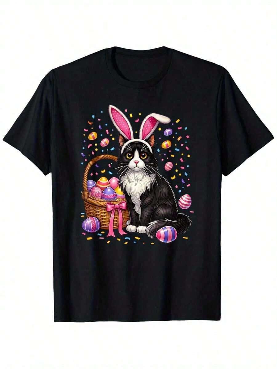 Funny Easter Cat Graphic Tee With Bunny Ears And Eggs | Cute Spring Pastel Colors, Unisex Sizes For Adults And Youth S-XXXL, 100% Heavyweight Fabric, Loose Fit, Casual And Easter Party Wear, Machine Washable, Plus Size. - 黑色 - 查看 1