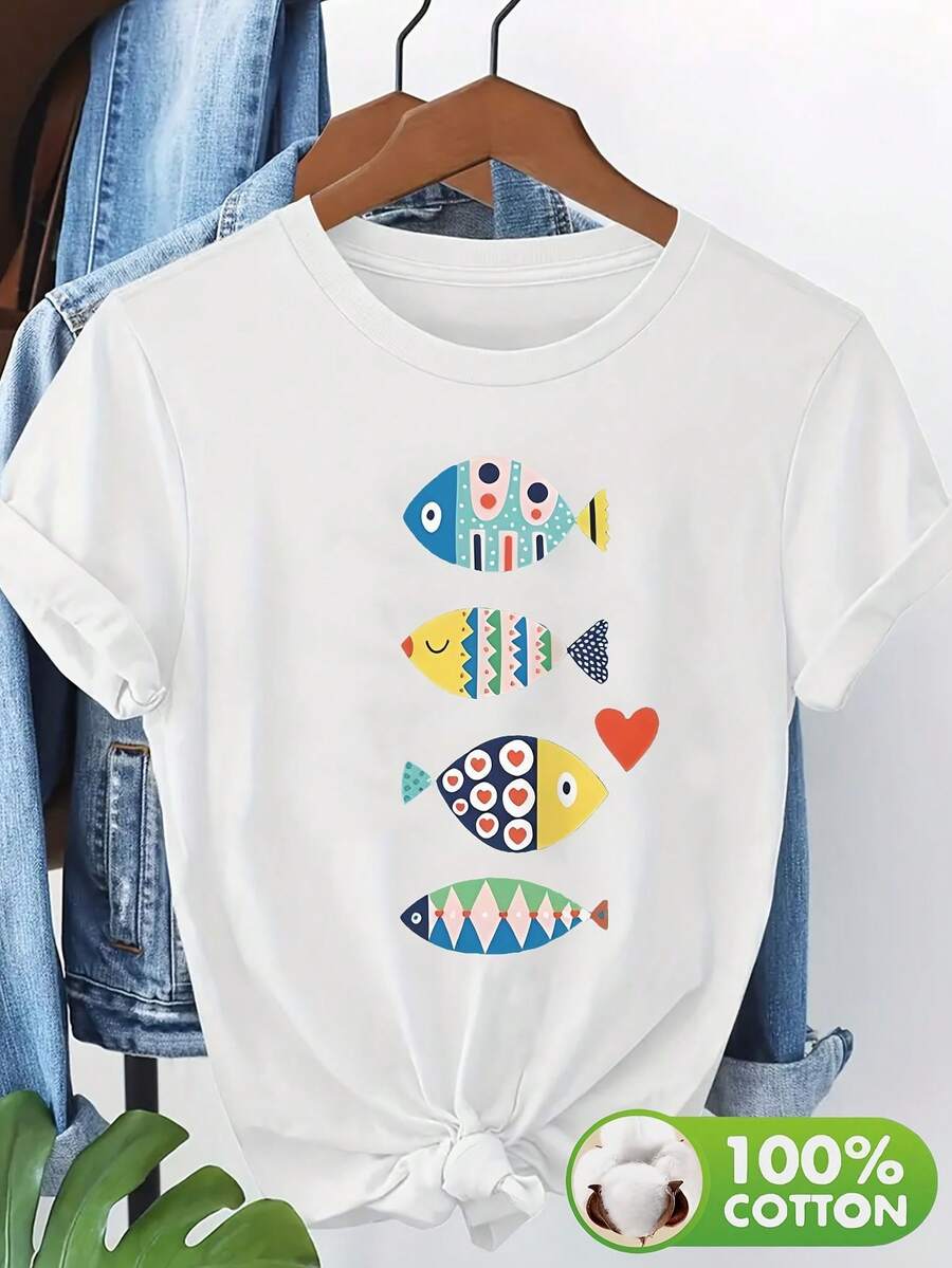 100% Fabric, Soft And Pleasant To The Touch, Breathable And Moisture-Wicking, Comfortable And Prevents Sweating. The Body Features A Print Of Four Small, Colorful Fish, Evoking The Joy And Fun Of The Ocean. Crew Neck And Short Sleeve Design. - 白色 - 查看 1