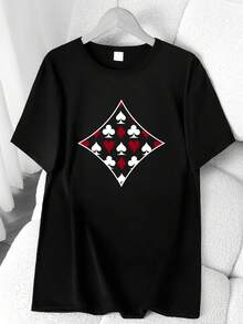 Geometric Shapes, Quadrilaterals, Poker Elements, Plum Blossom Print T-Shirt. Available In 6 Colors, Short Sleeves, Round Neck, High Elasticity, Casual Sports Top. Machine Washable. Suitable For Spring And Summer. Can Be Worn In All Seasons. Women's Clothing. Elegant Party Outfit, T-Shirt For Elegant Ladies, Blouses Suitable For Curvy Women, Casual Wear, Cool And Sweat-Free Summer Clothing, Fun Letter Print. - 黑色 - 查看 1