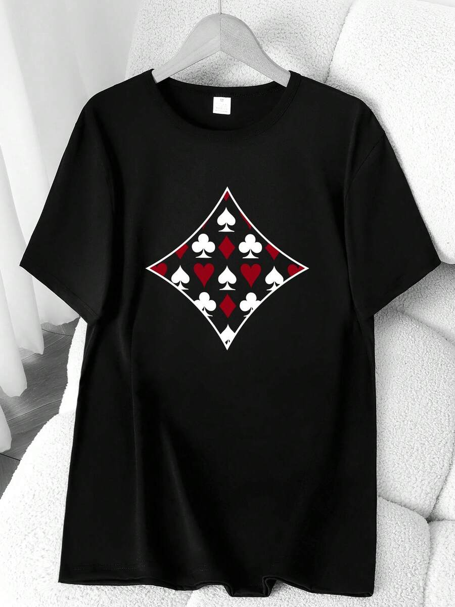 Geometric Shapes, Quadrilaterals, Poker Elements, Plum Blossom Print T-Shirt. Available In 6 Colors, Short Sleeves, Round Neck, High Elasticity, Casual Sports Top. Machine Washable. Suitable For Spring And Summer. Can Be Worn In All Seasons. Women's Clothing. Elegant Party Outfit, T-Shirt For Elegant Ladies, Blouses Suitable For Curvy Women, Casual Wear, Cool And Sweat-Free Summer Clothing, Fun Letter Print. - 黑色 - 查看 1