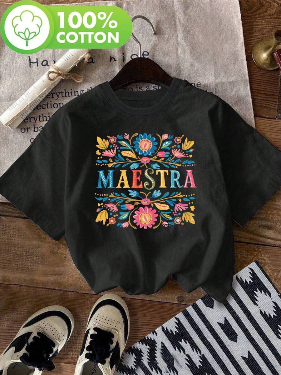 Floral Print T-Shirt For Day Of The Dead Teacher - Casual Round Neck T-Shirt, Ultra Soft, Breathable, With Summer Print, Short Sleeve, Suitable For Summer And Spring, Women's Clothing, Blouses For Women. - 黑色 - 查看 1